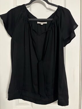 LOFT Black Tie-Neck Flutter Sleeve Top